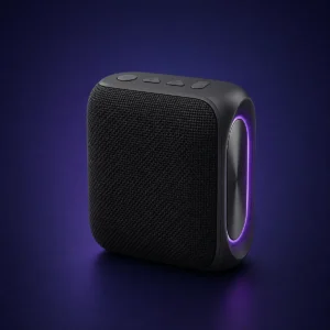 SoundGo Mini black portable Bluetooth speaker with violet light